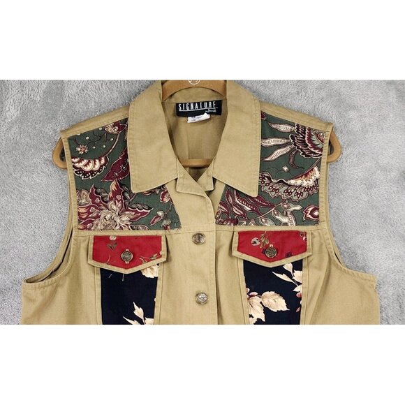 Signature by Jerell Vest Womens XL Beige Denim Floral Patchwork Button Front - Picture 7 of 11